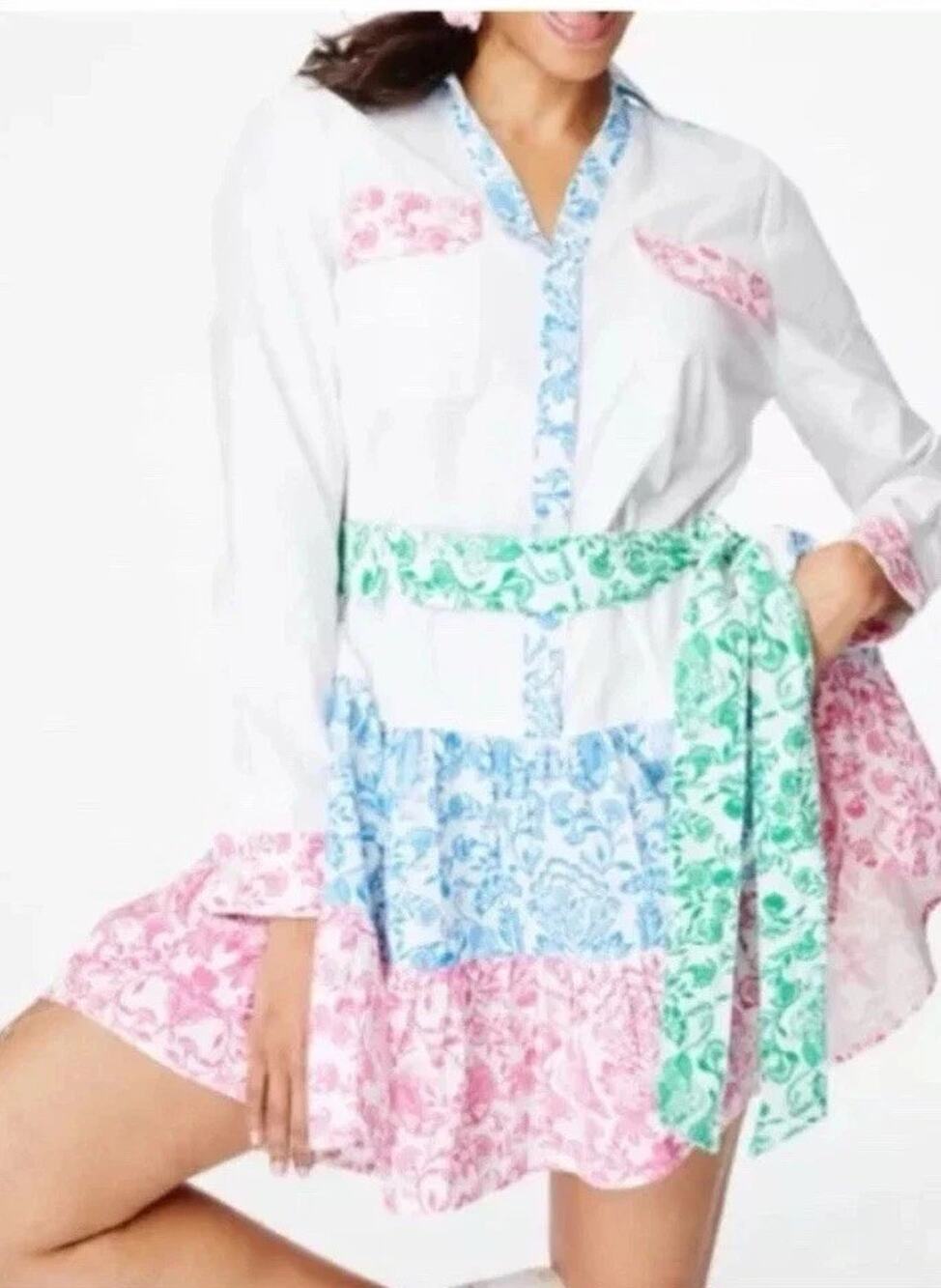 Roller Rabbit Tiered Aitona Y2k Emmie Shirt Dress Pastel Beach Coastal M A009988